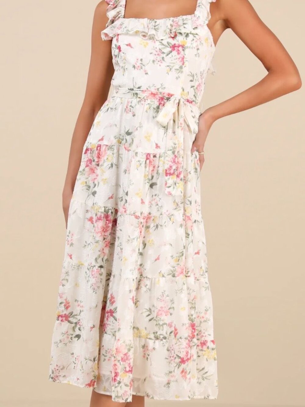 NWT Lulus Floral Jacquard Midi Dress White Pink Cottagecore Romantic Size M